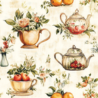 Vintage floral tea set pattern with teapots, cups, flowers, and fruit in warm tones on a light background.