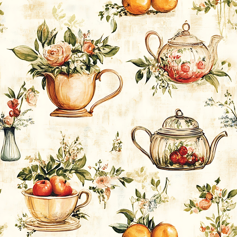 Vintage floral tea set pattern with teapots, cups, flowers, and fruit in warm tones on a light background.