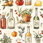 Illustrated pattern of various food items including tomatoes, lemons, oranges, herbs, and bottles of sauces or oils. Various greenery is interspersed among the food items.