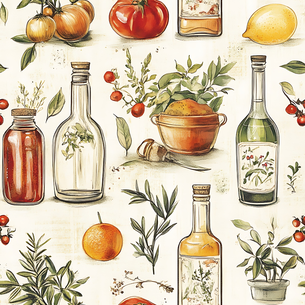 Illustrated pattern of various food items including tomatoes, lemons, oranges, herbs, and bottles of sauces or oils. Various greenery is interspersed among the food items.