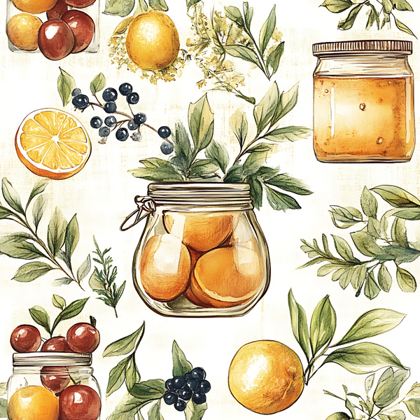 Illustrated pattern of fruits, leafy sprigs, jars of preserved fruit, and citrus slices on a light background.