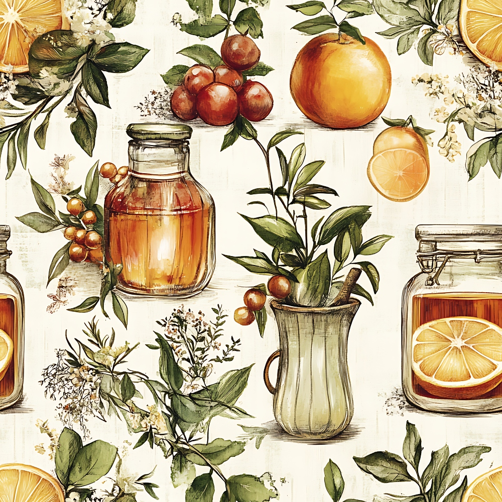 Illustration of jars of honey, oranges, and greenery arranged decoratively on a light background.