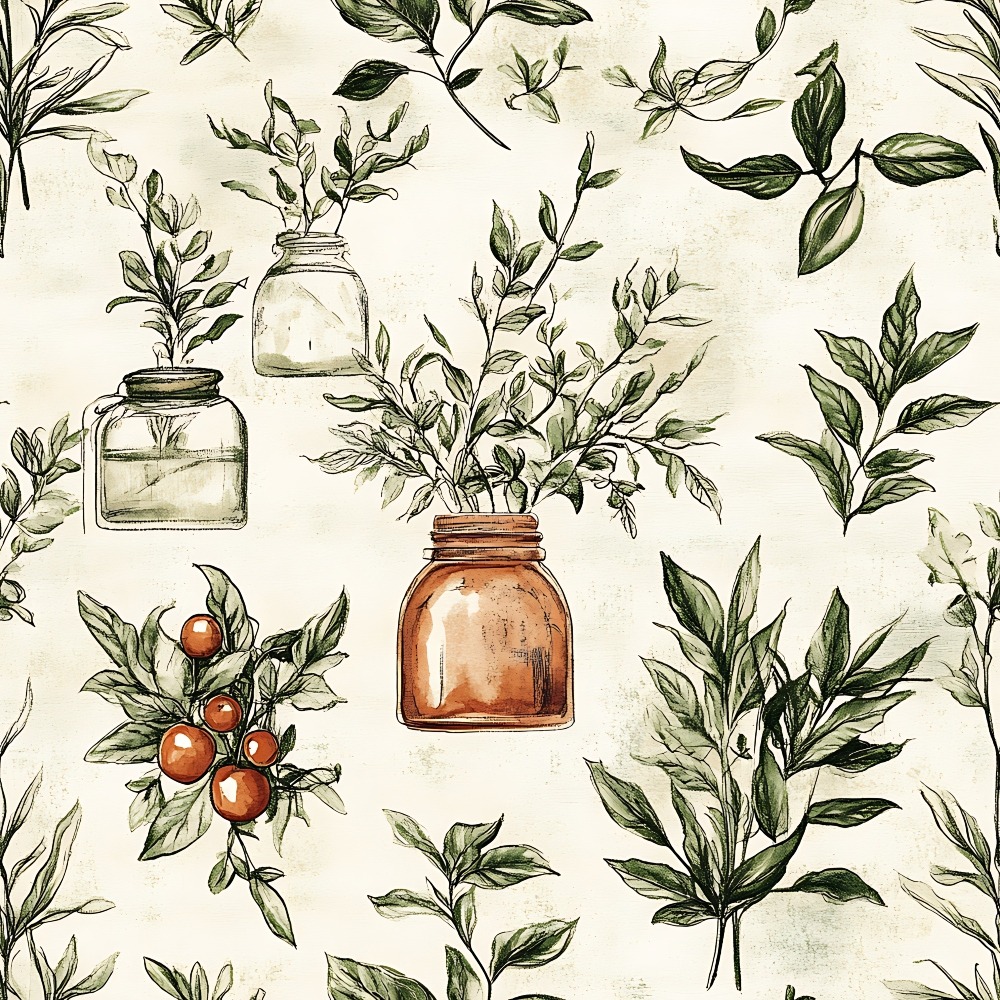 Illustration of various green leaves and two jars of herbs on a textured background, with small red fruits scattered among the foliage.
