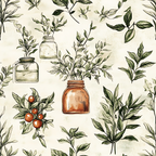 Illustration of various green leaves and two jars of herbs on a textured background, with small red fruits scattered among the foliage.