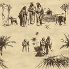 beige, sepia, brown, nativity scene, biblical figures, shepherds, wise men, magi, desert landscape, palm trees, camels, sheep, tents, stars, robes, middle eastern, religious theme, christmas,, fabric panel, vintage illustration, sketch style, holy family