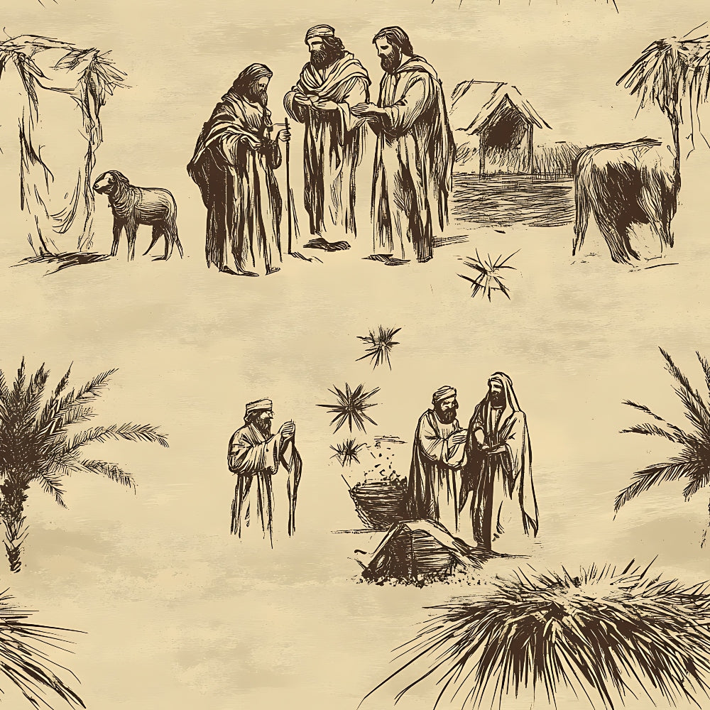 beige, sepia, brown, nativity scene, biblical figures, shepherds, wise men, magi, desert landscape, palm trees, camels, sheep, tents, stars, robes, middle eastern, religious theme, christmas,, fabric panel, vintage illustration, sketch style, holy family