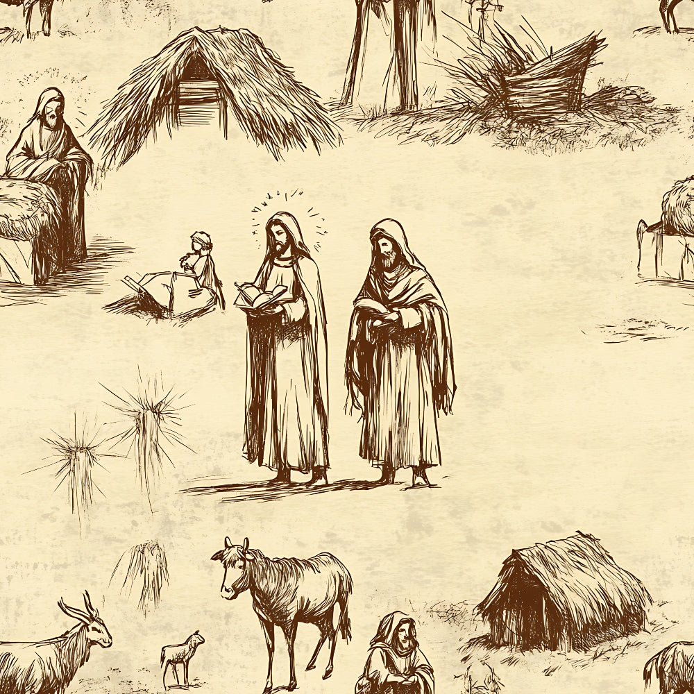 beige, sepia, brown, nativity scene, biblical figures, jesus, mary, joseph, shepherds, donkey, goat, sheep, thatched huts, desert landscape, religious imagery, vintage illustration, sketch style, christmas theme,, fabric panel, monochromatic, etched drawing