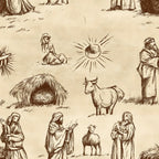 beige, cream, brown, sepia toned, nativity scene, biblical figures, shepherds, manger, stable, star of bethlehem, ox, cow, goat, robed figures, religious imagery, sketch style, line art,, fabric panel, christmas theme, vintage illustration