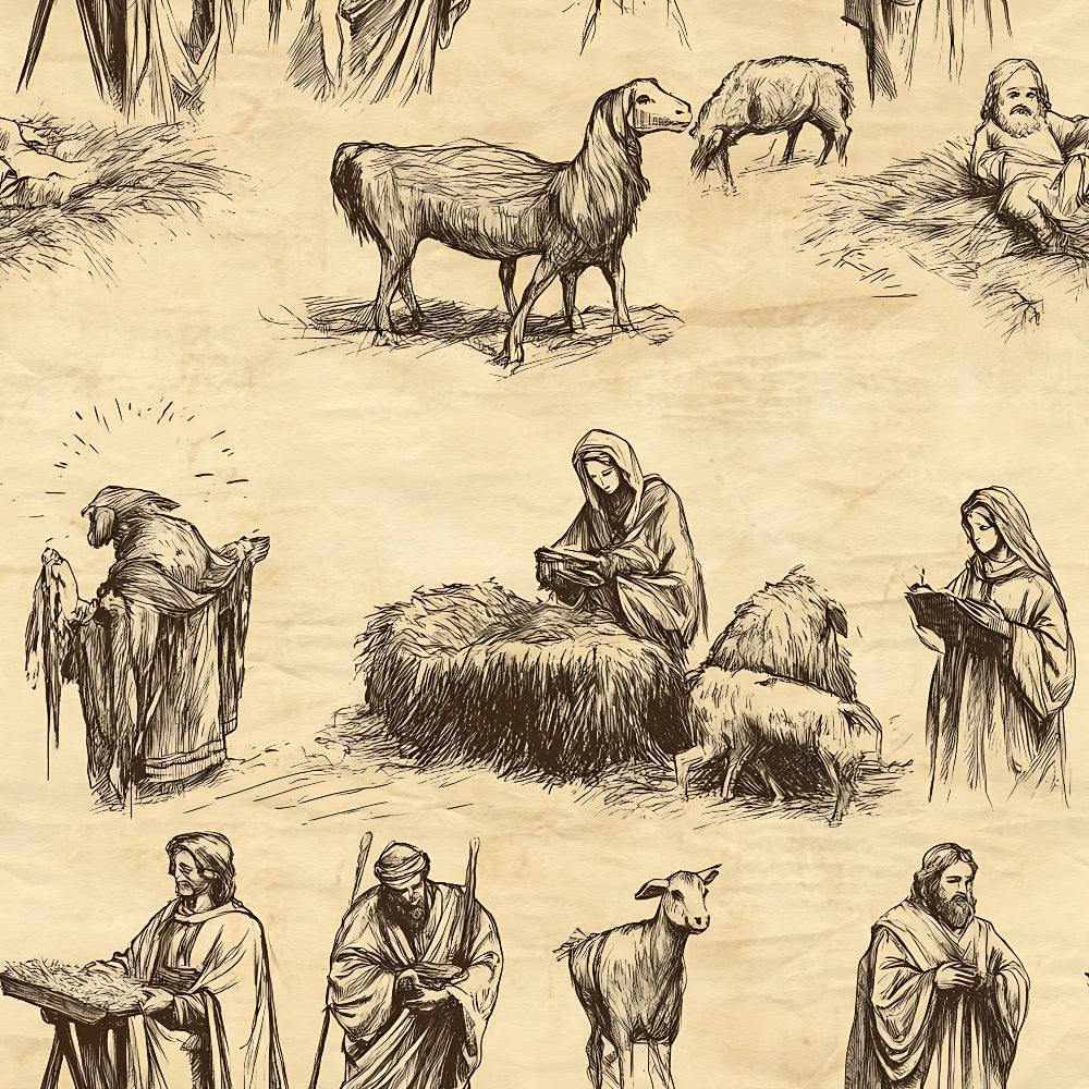 beige, cream, tan, brown, sepia toned, nativity scene, biblical figures, shepherds, sheep, livestock, animals, robes, religious imagery, vintage illustration, sketch style, line drawing, christmas theme,, fabric panel, rustic artwork