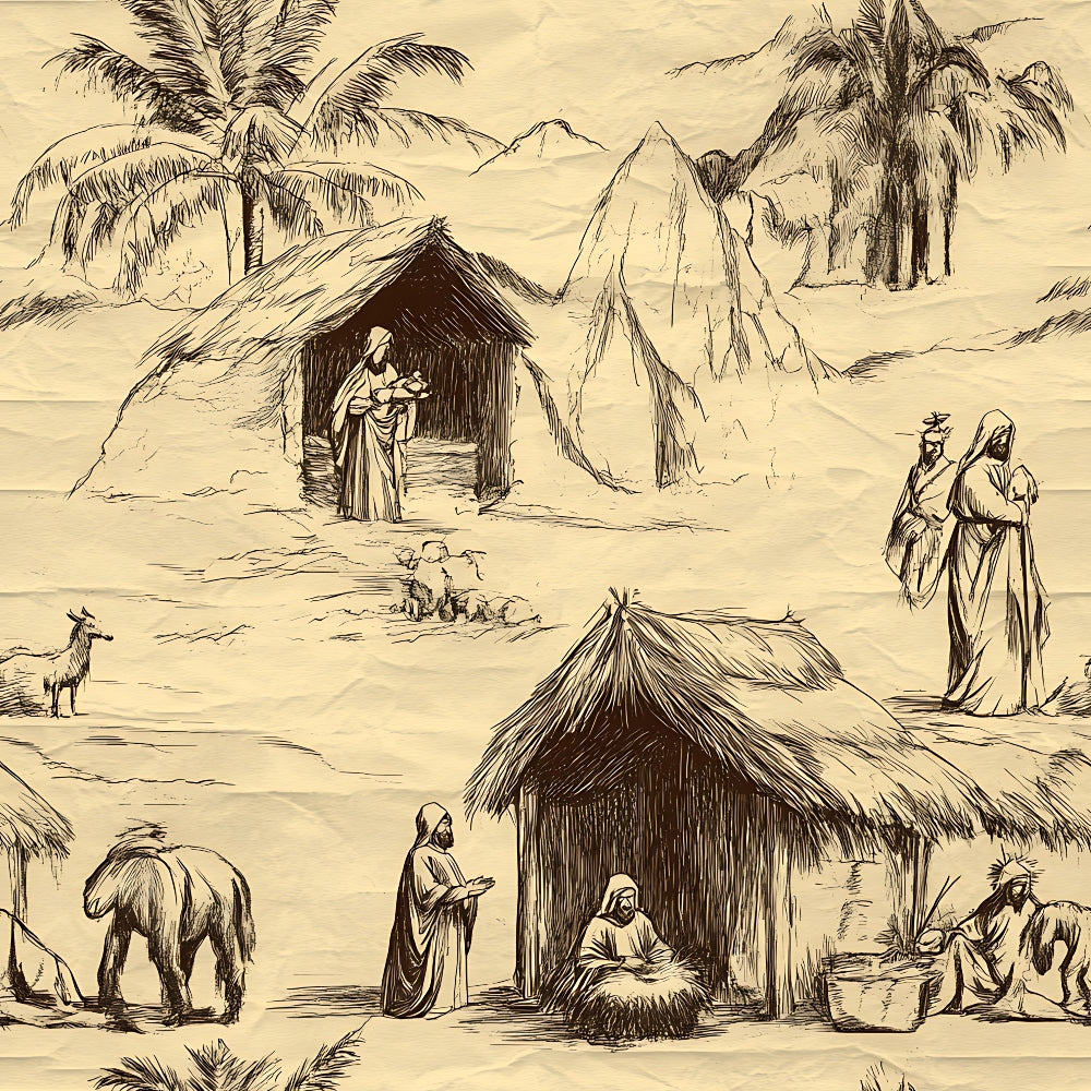 beige, cream, sepia, brown, vintage illustration, nativity scene, biblical figures, mary and joseph, baby jesus, shepherds, camels, sheep, goats, palm trees, desert landscape, mountains, thatched huts, robed figures, religious theme, christmas,, fabric panel, sketch style, monochromatic, pastoral scene