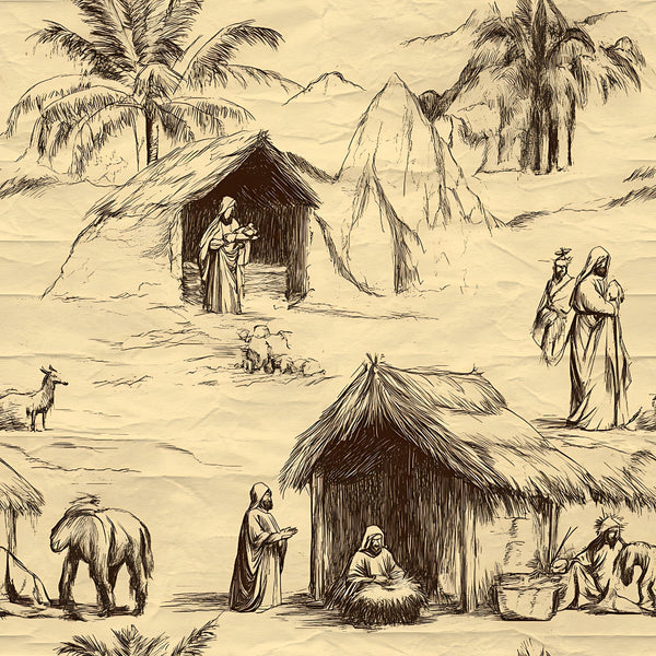beige, cream, sepia, brown, vintage illustration, nativity scene, biblical figures, mary and joseph, baby jesus, shepherds, camels, sheep, goats, palm trees, desert landscape, mountains, thatched huts, robed figures, religious theme, christmas,, fabric panel, sketch style, monochromatic, pastoral scene