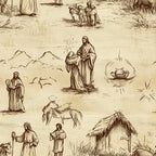 beige, sepia, brown, cream, vintage illustration, nativity scenes, biblical figures, shepherds, wise men, manger, star of bethlehem, religious motifs, pen and ink style, sketched drawings,, fabric panel, christmas theme, holy family, pastoral scenes, line art