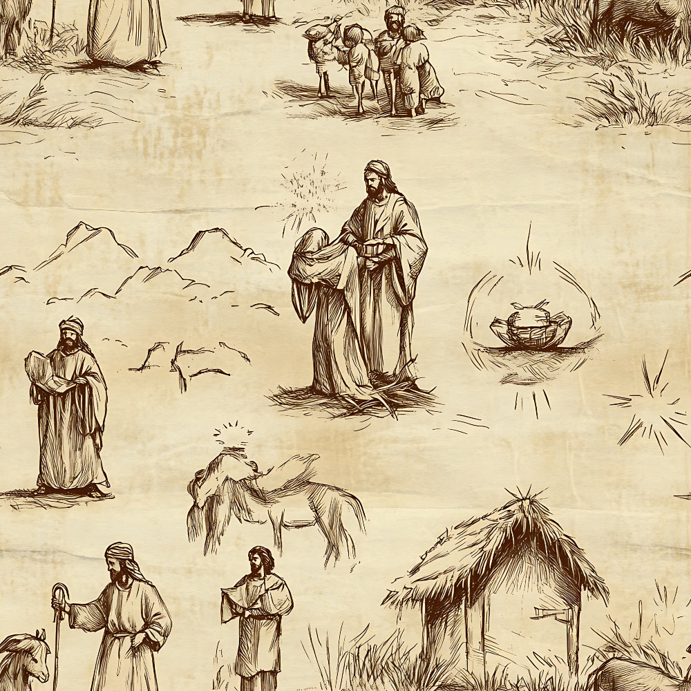 beige, sepia, brown, cream, vintage illustration, nativity scenes, biblical figures, shepherds, wise men, manger, star of bethlehem, religious motifs, pen and ink style, sketched drawings,, fabric panel, christmas theme, holy family, pastoral scenes, line art