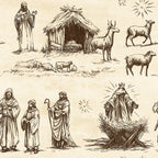 vintage nativity,, fabric panel, beige background, sepia tones, biblical scenes, shepherds, wise men, manger scene, baby jesus, farm animals, sheep, donkey, star of bethlehem, religious imagery, christmas theme, sketch style, line drawings, pastoral setting, holiday fabric