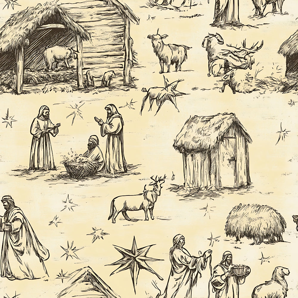 beige, cream, sepia tones, nativity scene, biblical figures, shepherds, manger, stable, goats, sheep, donkey, livestock, star of bethlehem, eight-pointed star, thatched roof huts, sketch style, line art, religious imagery, christmas theme,, fabric panel, vintage illustration