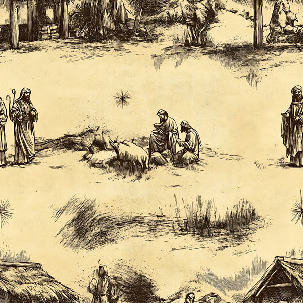 vintage nativity, beige background, sepia tones, brown ink drawing, biblical scenes, shepherds, sheep, star of bethlehem, religious imagery,, fabric panel, sketch style, pastoral scene, christmas theme, holy family, robed figures, manger scene, repetitive pattern, cotton fabric, holiday motifs