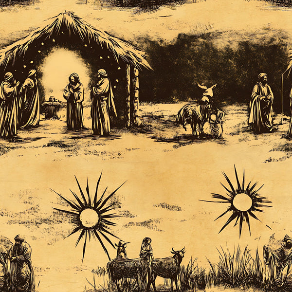 vintage nativity, sepia toned, beige background, biblical scene, shepherds, manger stable, robed figures, star motifs, donkey, cattle, religious imagery, christmas theme,, fabric panel, woodcut style, engraved illustration, pastoral setting, holy family, bethlehem scene, antique aesthetic