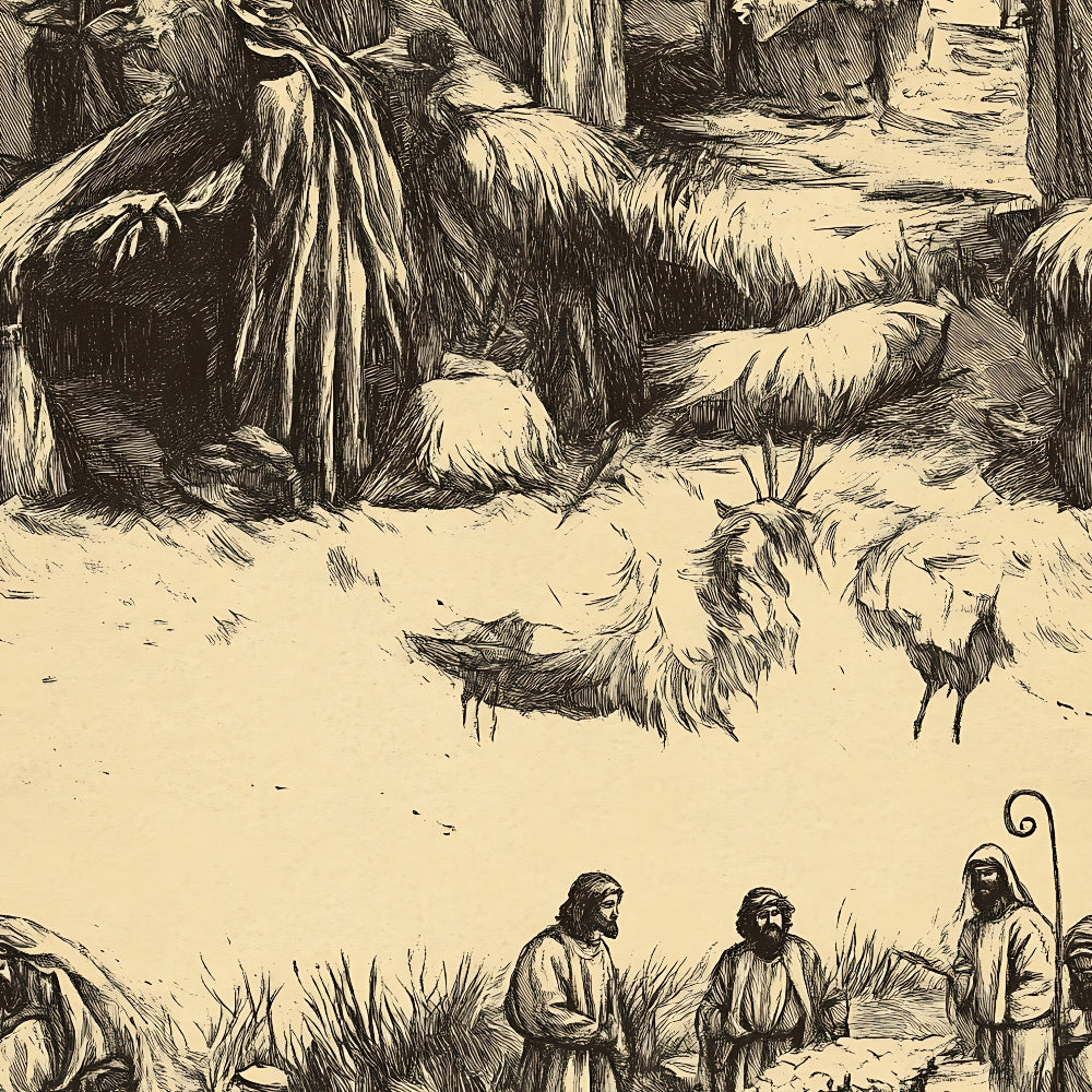 beige, sepia, brown, nativity scene, shepherds, sheep, biblical figures, religious imagery, vintage illustration, etching style, pastoral scene, christmas theme,, fabric panel, line art, dramatic shading, robes, staff, flock, holy scene