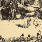 beige, sepia, brown, nativity scene, shepherds, sheep, biblical figures, religious imagery, vintage illustration, etching style, pastoral scene, christmas theme,, fabric panel, line art, dramatic shading, robes, staff, flock, holy scene