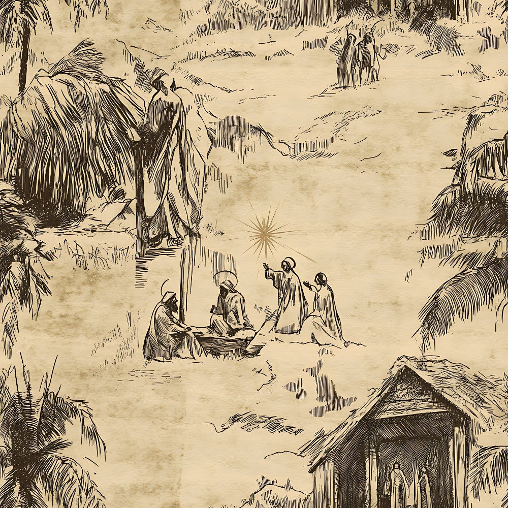 vintage nativity, biblical scene, sepia toned, beige, tan, brown, engraving style, religious imagery, palm trees, desert landscape, shepherds, wise men, manger scene, star of bethlehem,, fabric panel, christmas theme, holy family, antiqued appearance, line art illustration