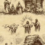 vintage illustration, nativity scene, biblical figures, mary and joseph, baby jesus, shepherds, manger stable, radiating light, sepia tones, beige background, brown ink drawing, religious imagery, christmas theme,, fabric panel, sketch style, holy family, livestock animals, rustic shelter, sacred moment