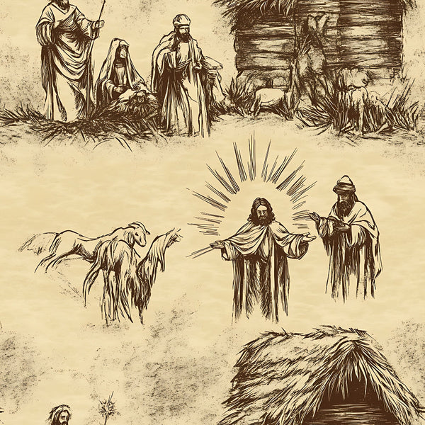 vintage illustration, nativity scene, biblical figures, mary and joseph, baby jesus, shepherds, manger stable, radiating light, sepia tones, beige background, brown ink drawing, religious imagery, christmas theme,, fabric panel, sketch style, holy family, livestock animals, rustic shelter, sacred moment