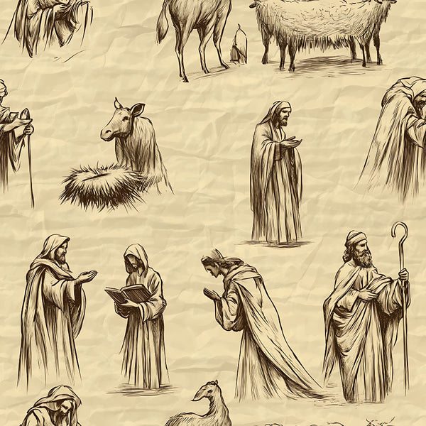 beige, sepia, brown, nativity scene, religious figures, jesus, mary, joseph, shepherds, wise men, manger, donkey, ox, sheep, biblical characters, robes, staff, vintage illustration, sketched style, christmas theme,, fabric panel, repetitive pattern