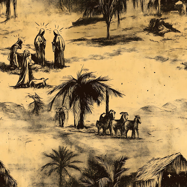 vintage nativity, religious scenes, biblical figures, holy family, shepherds, angels, palm trees, desert landscape, sepia toned, beige background, brown illustration, etched style, christmas themed,, fabric panel, pastoral scene, livestock animals, middle eastern setting, antiqued appearance, sketch artwork