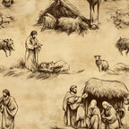beige, tan, brown, sepia toned, nativity scene, religious imagery, biblical figures, mary, joseph, baby jesus, manger, shepherds, sheep, palm trees, stable, vintage illustration, sketch style, christmas theme,, fabric panel, pastoral setting
