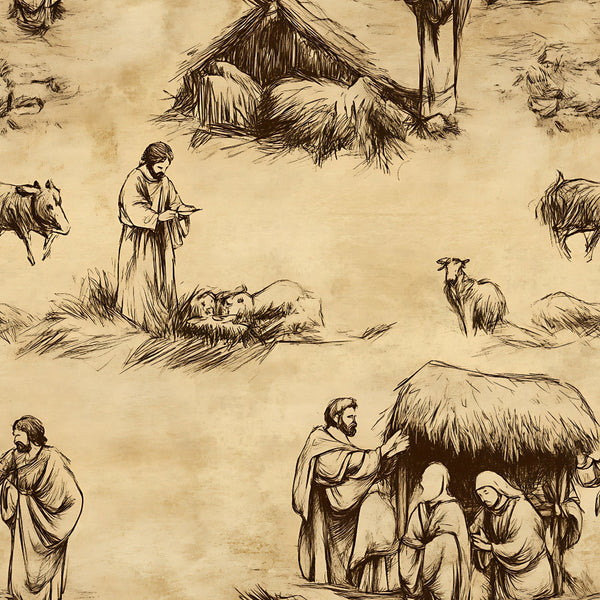 beige, tan, brown, sepia toned, nativity scene, religious imagery, biblical figures, mary, joseph, baby jesus, manger, shepherds, sheep, palm trees, stable, vintage illustration, sketch style, christmas theme,, fabric panel, pastoral setting