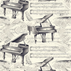 Illustration of grand pianos surrounded by scattered sheets of music on a patterned background with musical notes.
