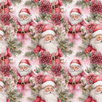 vintage pink, coral pink, dusty rose, santa claus, christmas pattern, floral elements, pine branches, evergreen sprigs, watercolor style, repeating pattern,, fabric panel, holiday theme, winter florals, soft pastels, christmas motifs, botanical design, festive pattern, cottage core aesthetic
