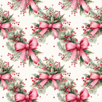 Seamless pattern of pink bows with greenery and red berries on a light background.