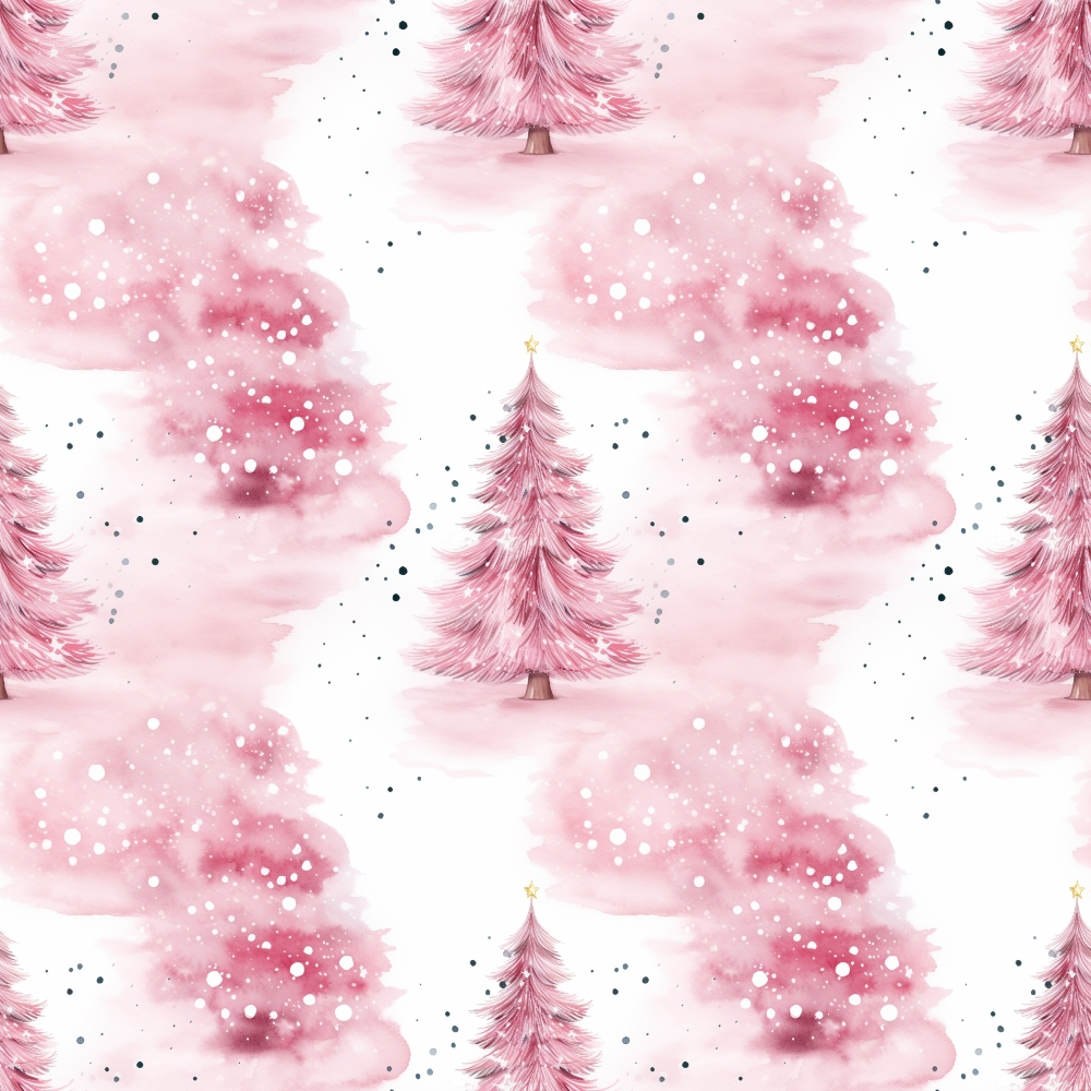 Seamless pattern of pink Christmas trees with watercolor texture and dots on a white background.