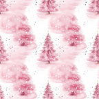 Seamless pattern of pink Christmas trees with watercolor texture and dots on a white background.