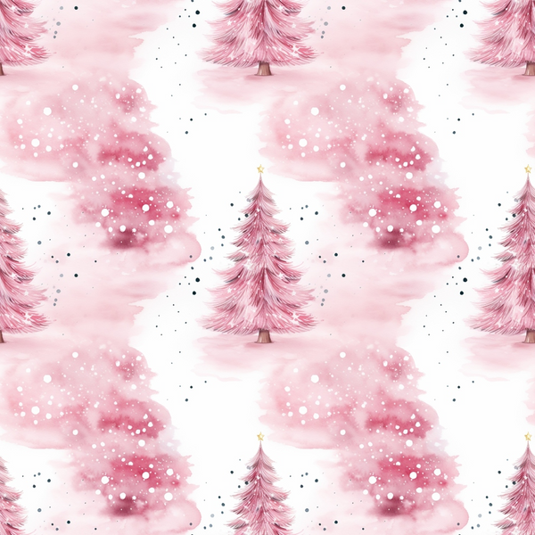 Seamless pattern of pink Christmas trees with watercolor texture and dots on a white background.