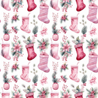 Pattern featuring red and pink Christmas stockings, holly, pine branches, poinsettias, and ornaments on a light background.