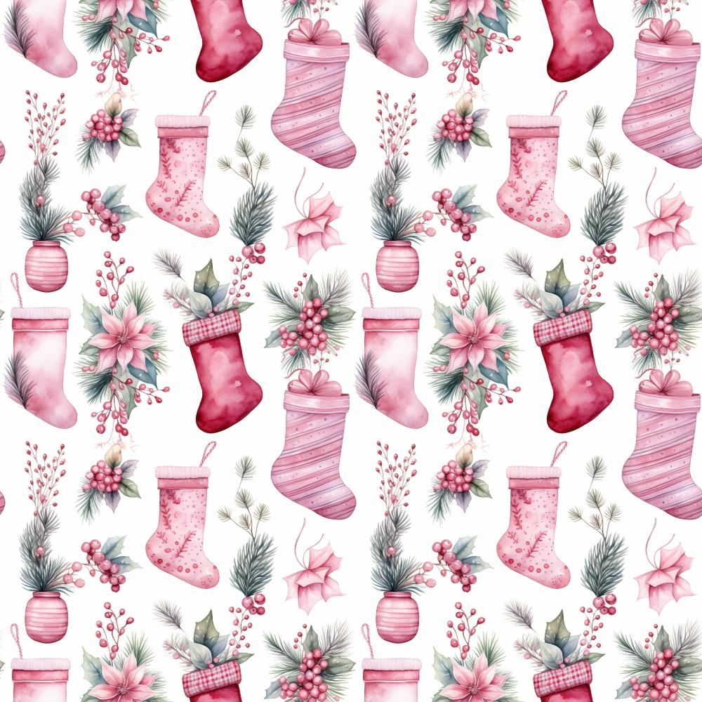 Pattern featuring red and pink Christmas stockings, holly, pine branches, poinsettias, and ornaments on a light background.