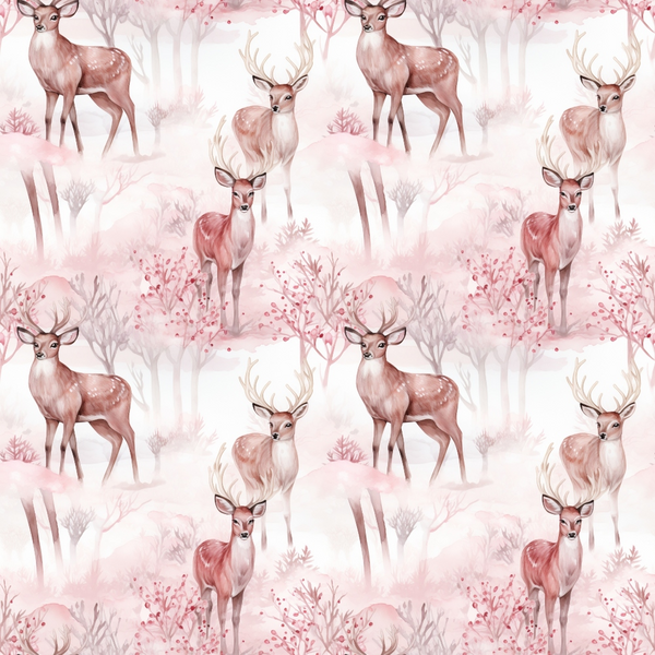 Seamless pattern of deer in a pink-toned woodland setting, with trees and bushes surrounding them.