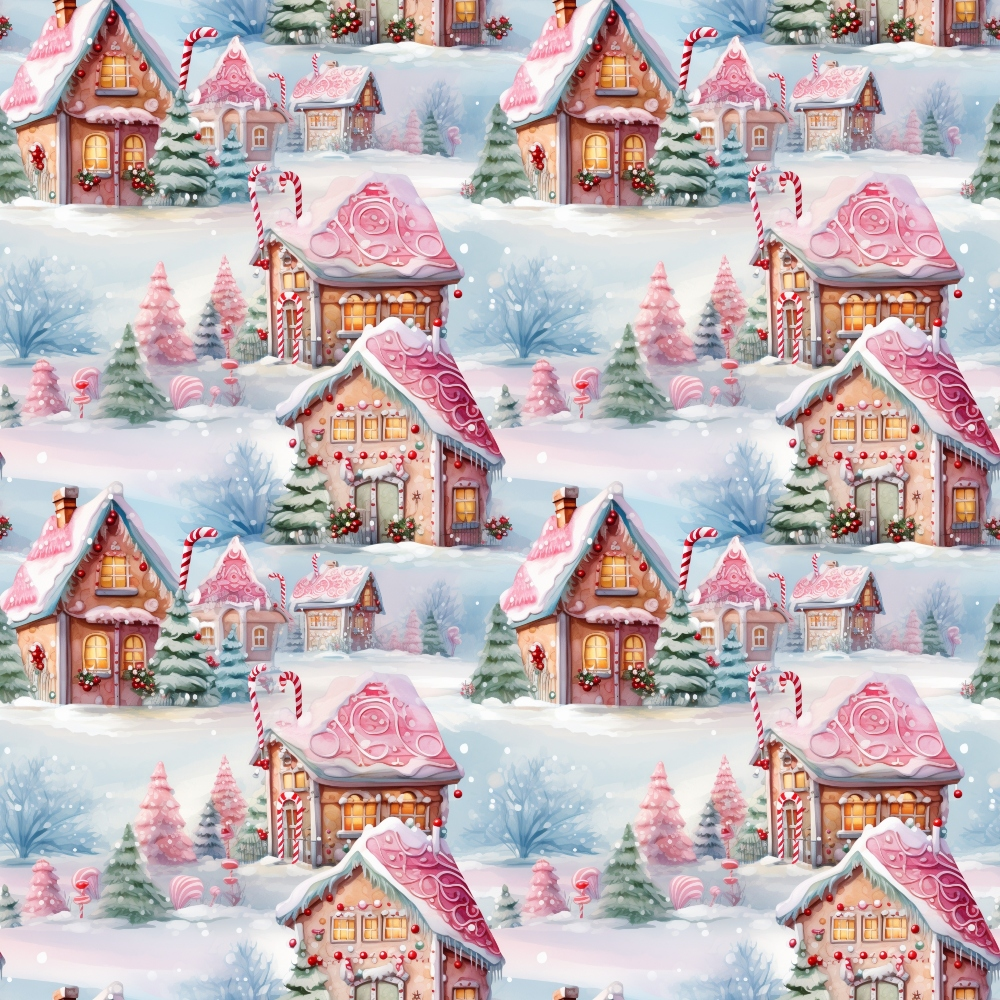Pattern of gingerbread houses with snow-covered roofs and festive decorations, surrounded by snowy trees and bushes.