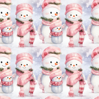 Repeating pattern of cartoon snowmen wearing pink hats and scarves, against a snowy background.