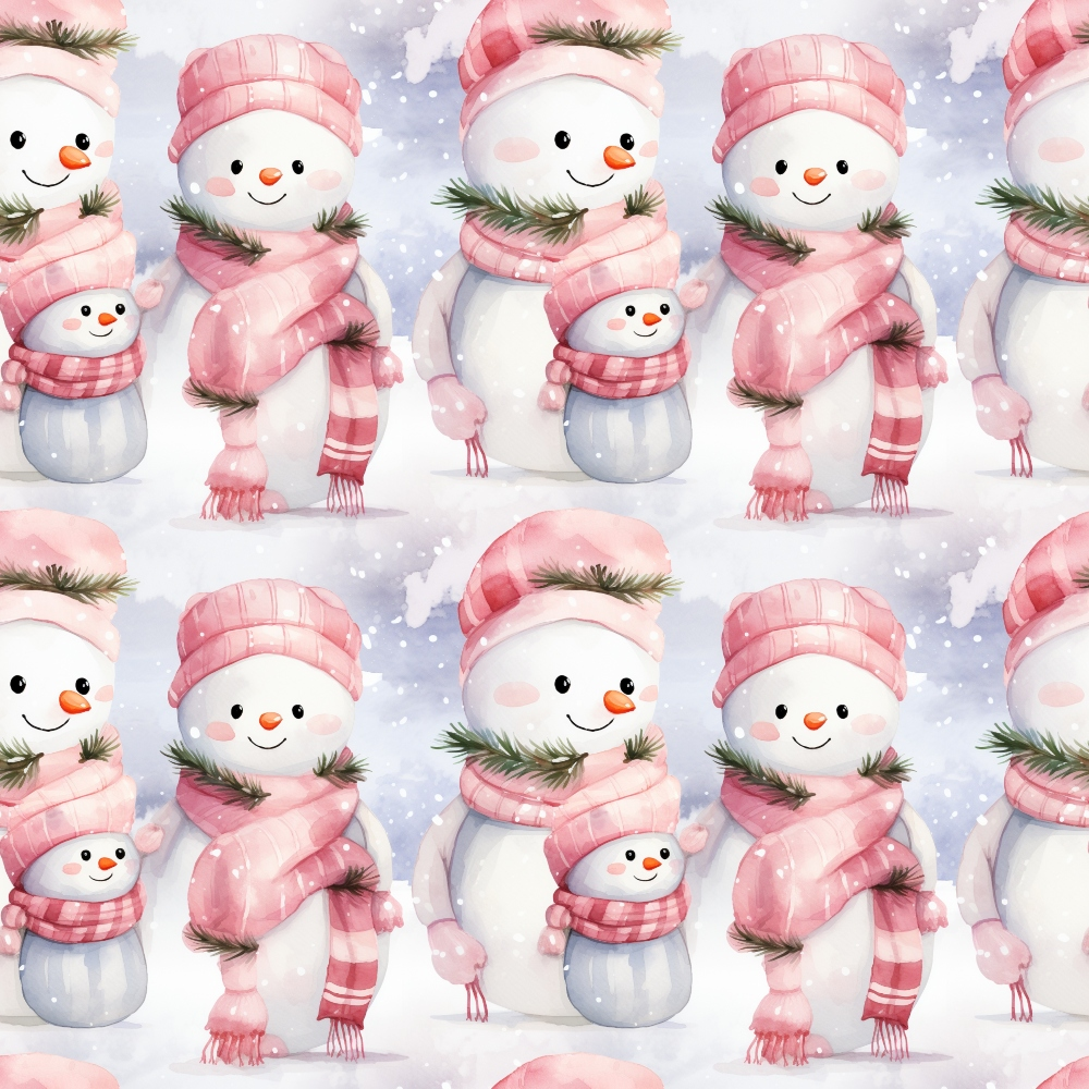 Repeating pattern of cartoon snowmen wearing pink hats and scarves, against a snowy background.