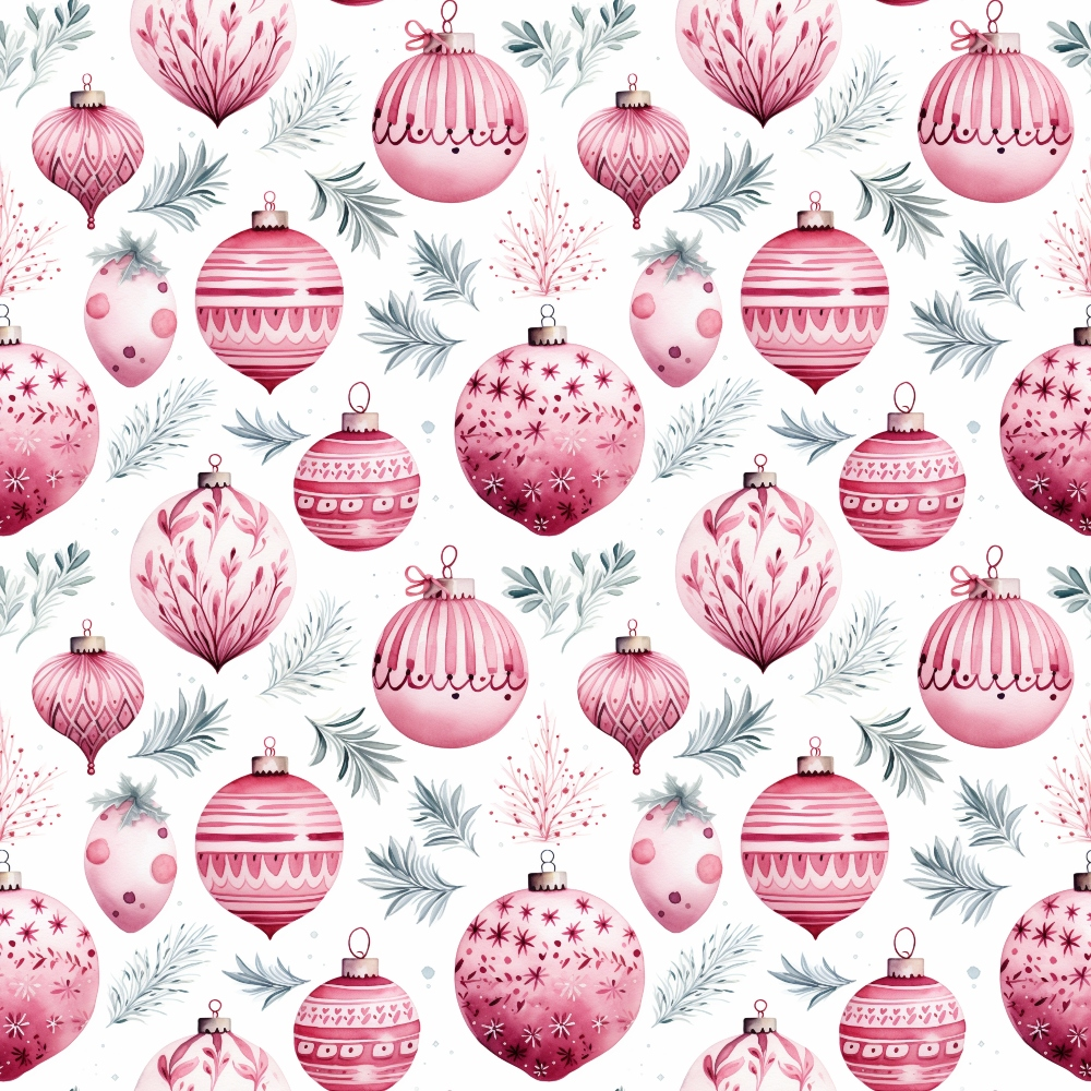 Pattern of pink Christmas ornaments and green foliage on a white background.