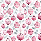 Pattern of pink Christmas ornaments and green foliage on a white background.