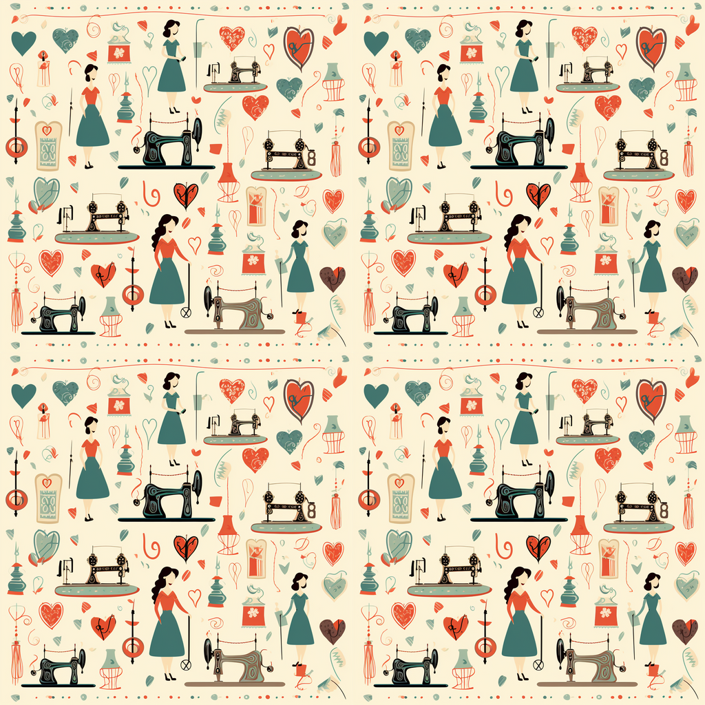 Pattern with vintage sewing machines, women in dresses, hearts, and thread spools on a beige background.