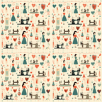 Pattern with vintage sewing machines, women in dresses, hearts, and thread spools on a beige background.