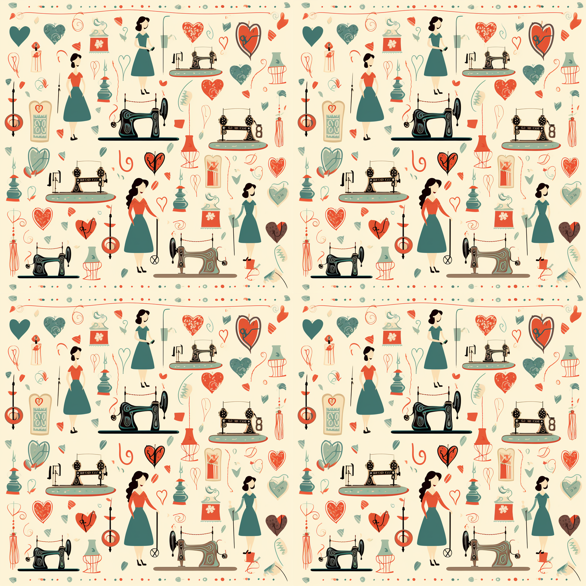 Pattern with vintage sewing machines, women in dresses, hearts, and thread spools on a beige background.