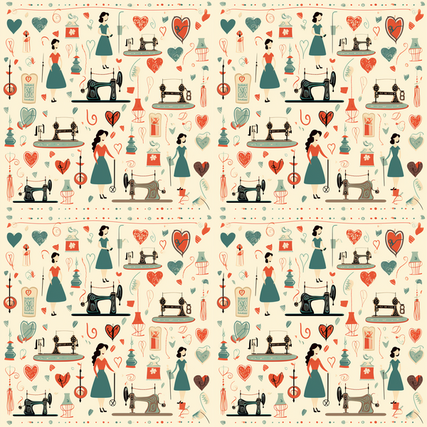 Pattern with vintage sewing machines, women in dresses, hearts, and thread spools on a beige background.