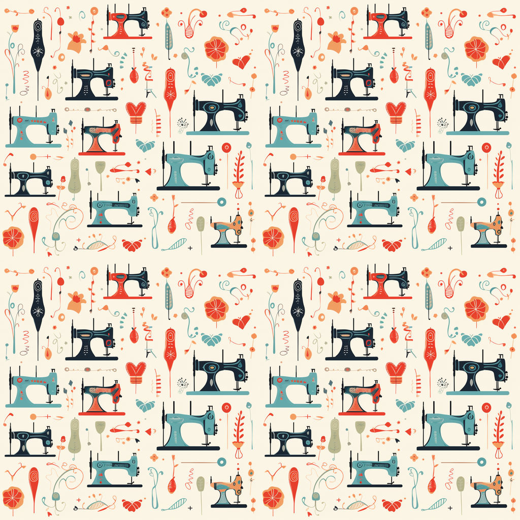 Patterned fabric with illustrations of vintage sewing machines, scissors, flowers, buttons, and needles in orange, blue, and gray hues, arranged in a repeating design.