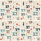 Patterned fabric with illustrations of vintage sewing machines, scissors, flowers, buttons, and needles in orange, blue, and gray hues, arranged in a repeating design.